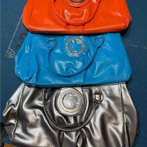 Stylish Orange, Blue, and Silver Women's Handbag Set